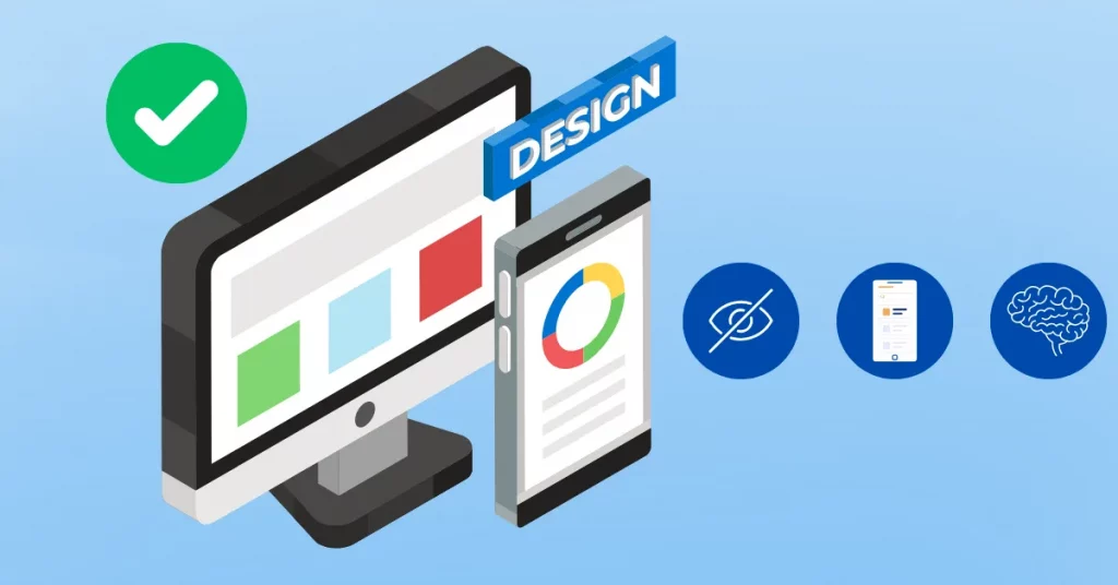 Isometrische Darstellung von Desktop und Smartphone mit Design-Elementen sowie Symbolen für Sehbehinderung, mobile Nutzung und kognitive Zugänglichkeit.
