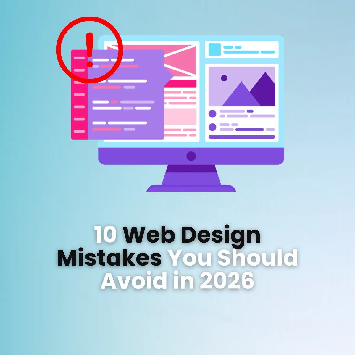 Browser window with typical design flaws such as a cluttered layout and an unclear button, next to the title „10 Web Design Mistakes to Avoid in 2026“.