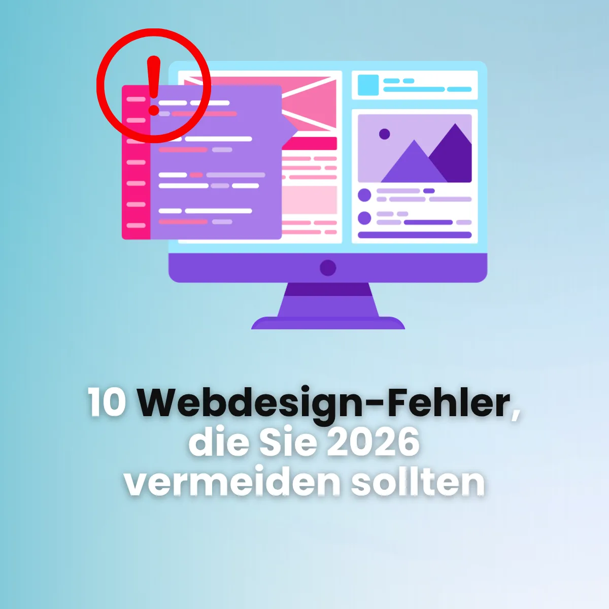 Browserfenster mit typischen Designfehlern wie überladenem Layout und unklarem Button, daneben der Titel „10 Webdesign-Fehler, die Sie 2026 vermeiden sollten“.