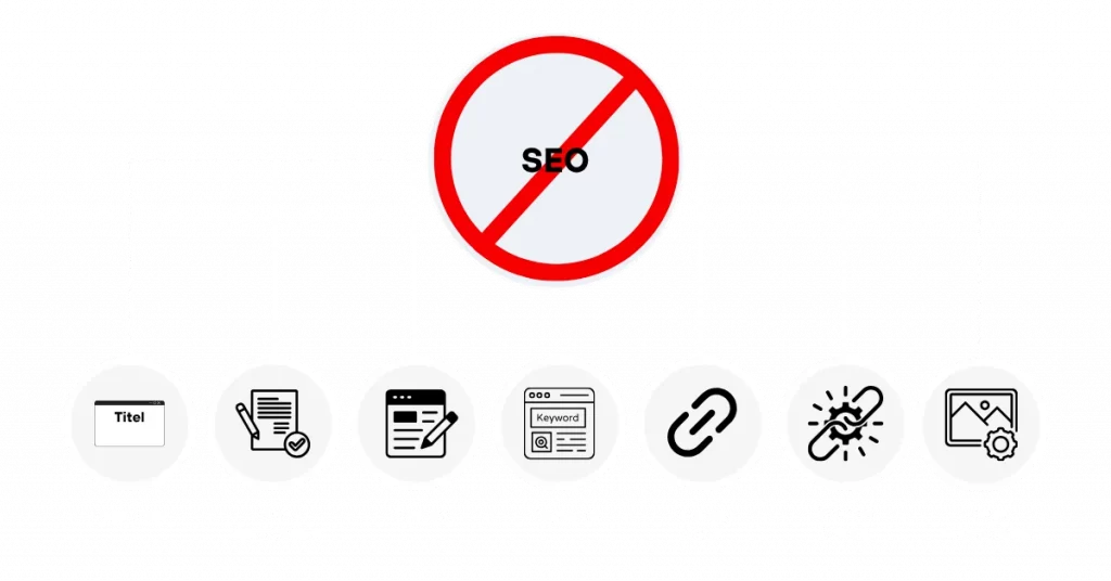 Search result snippet with meta title and description, alongside icons for heading structure, image alt text and structured data.