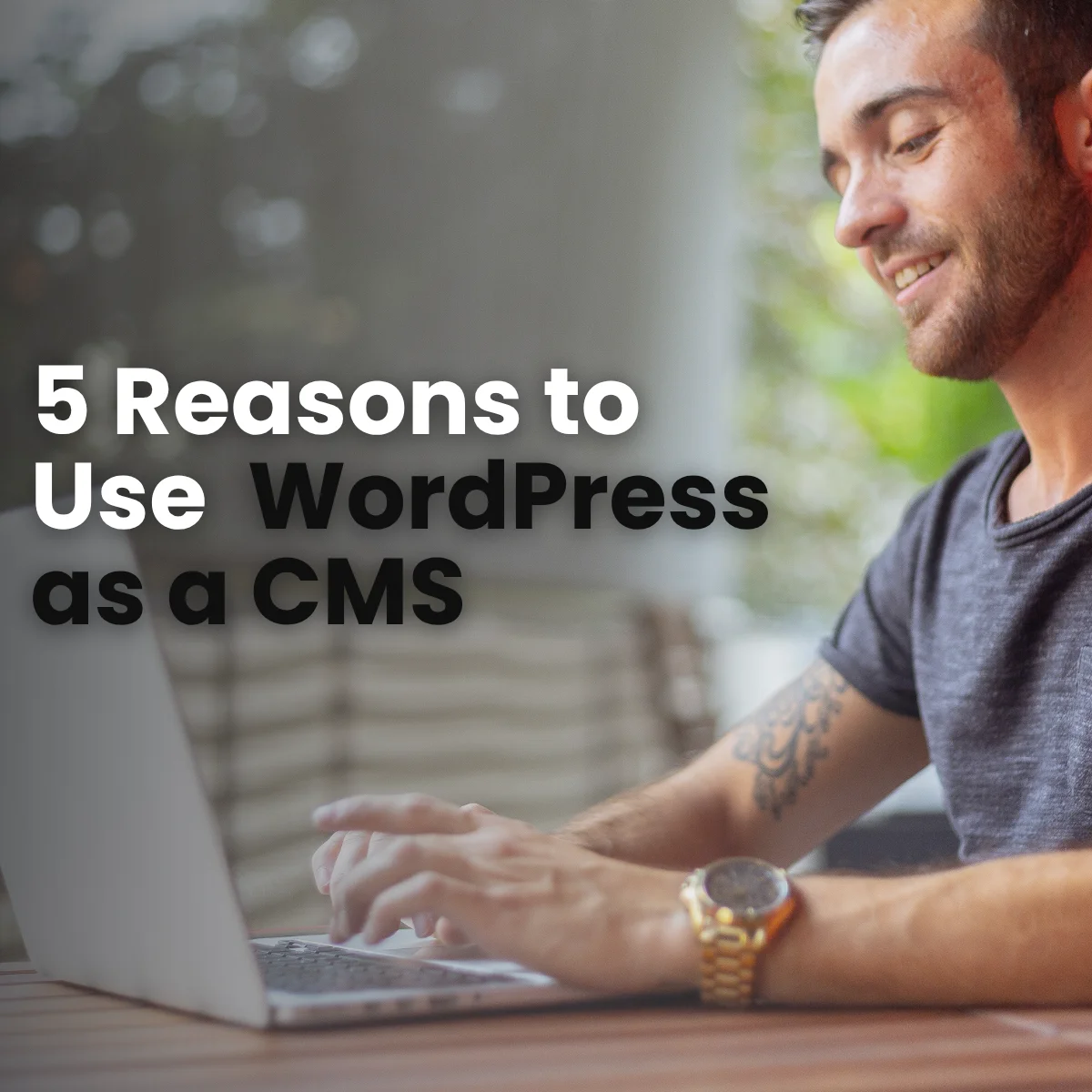WordPress dashboard with modules for plugins, themes, user roles, media and multilingualism, next to the title „Top 5 features of the WordPress CMS“.