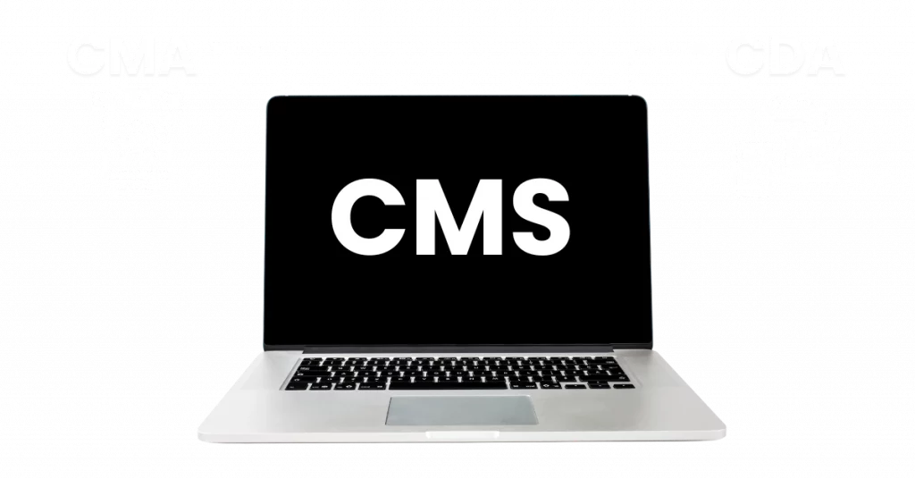 Schema eines CMS: links das Redaktions-Dashboard zur Inhaltspflege, rechts die Ausspielung an Besucher über Themes und Templates.